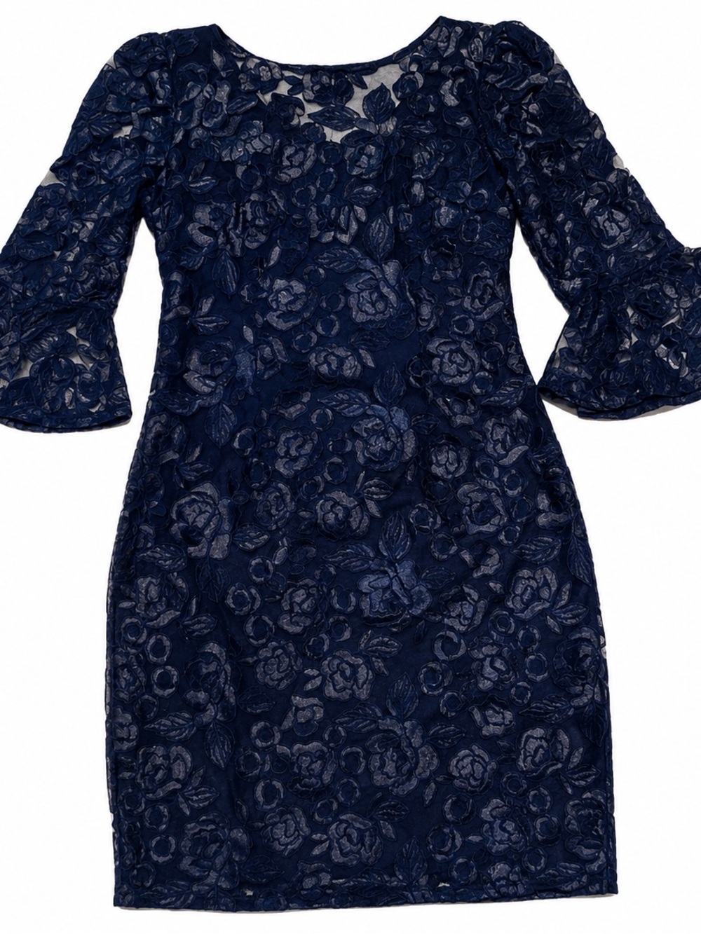 Adrianna Papell Navy Floral Lace Bell Sleeve Sheath Dress Women’s Size 8